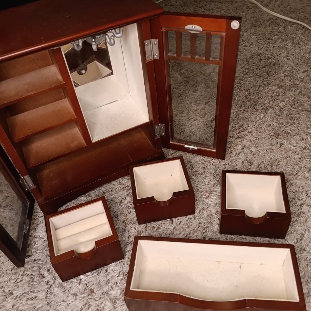 Vintage Wooden Jewelry Box with Mirror